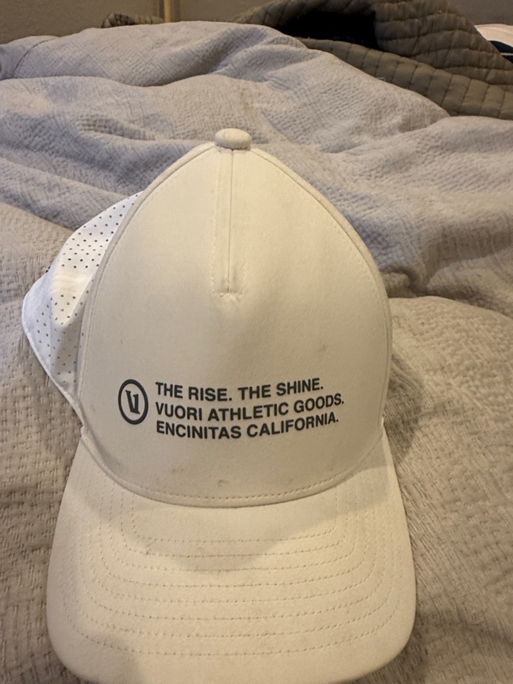 Vuori White Mesh Trucker Hat with Black Logo Text